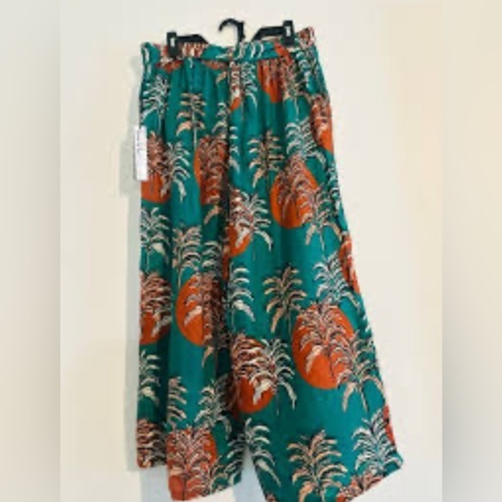 Nicole Miller Women's Green Palm Linen Wide Leg Palazzo Pants NWOT L #2266